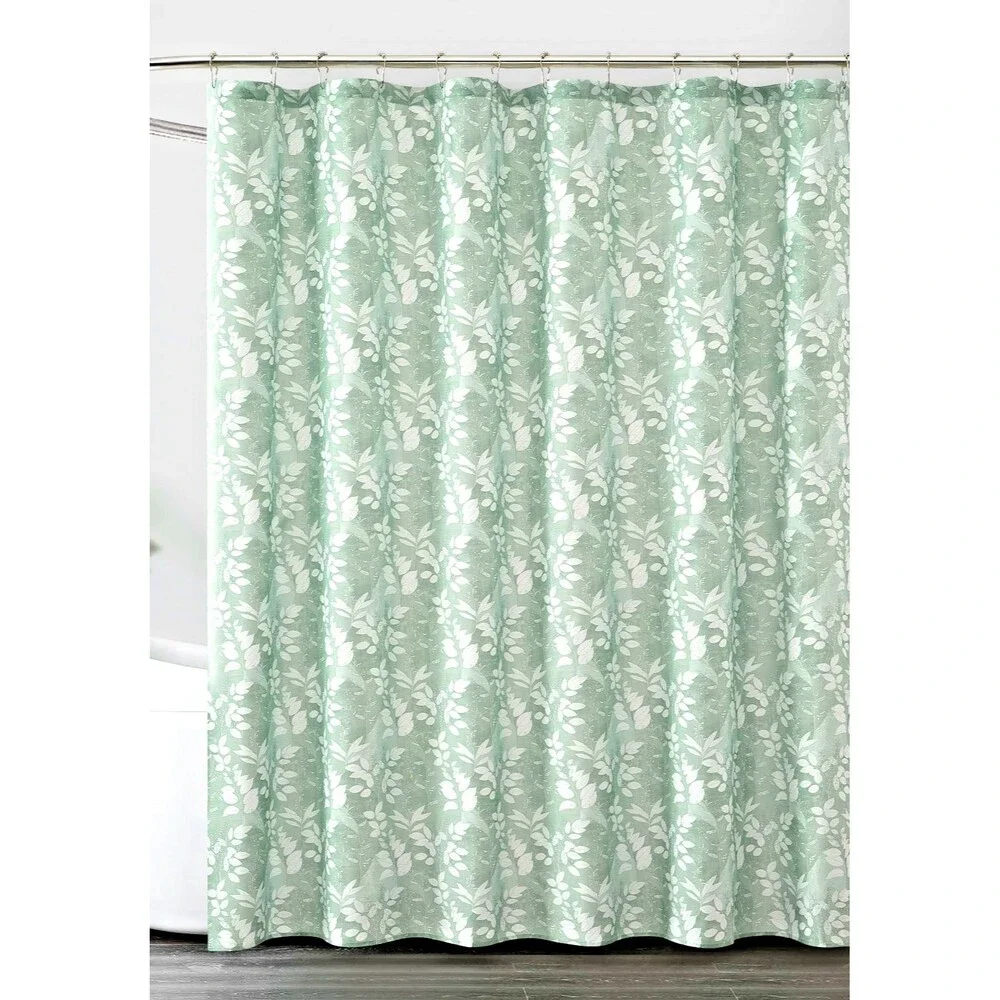 Green Botanical Fabric Shower Curtain with Metal Roller Hooks 13-pc Bath NEW